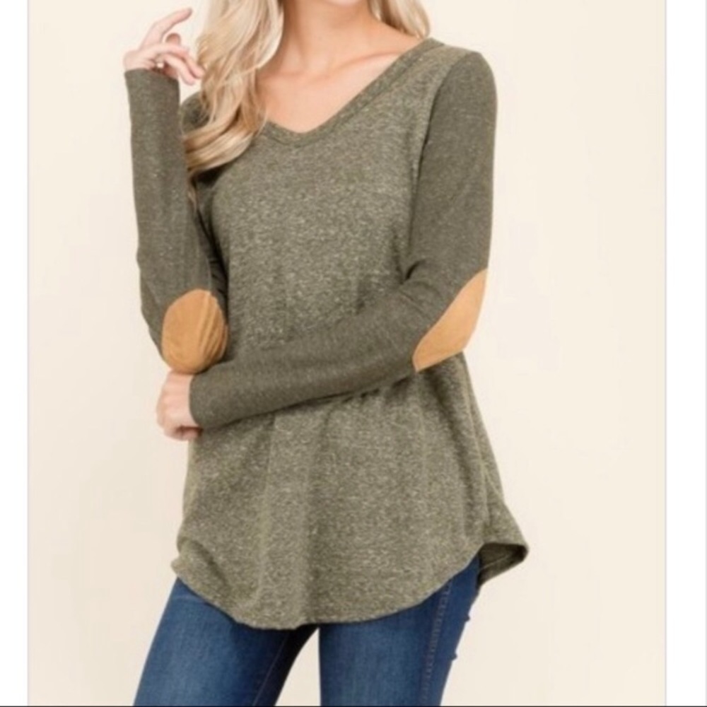 Olive green top with tan elbow patches